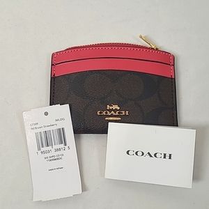 Coach Signature Brown & Strawberry Skinny Coin Credit Card Wallet
